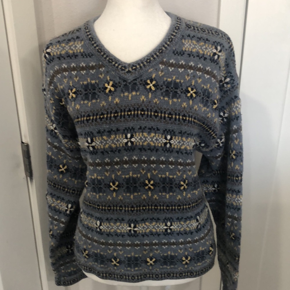 Jay Jacobs Women’s Sweater Blue white cream and taupe. Grandma core, Boho,